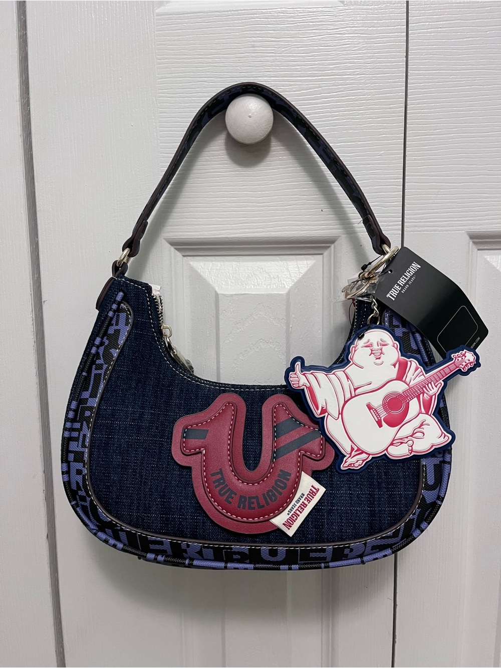 True Religion Dark Denim Shoulder Bag with Pink Logo Patch